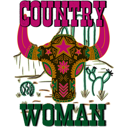 Country Woman Bull Skull Cactus Southwestern Art Product