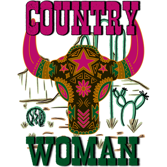 Country Woman Bull Skull Cactus Southwestern Art Product