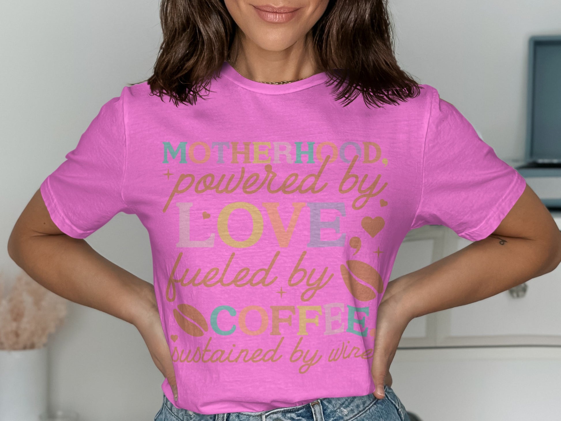 Motherhood Powered by Love Coffee and Wine Shirt
