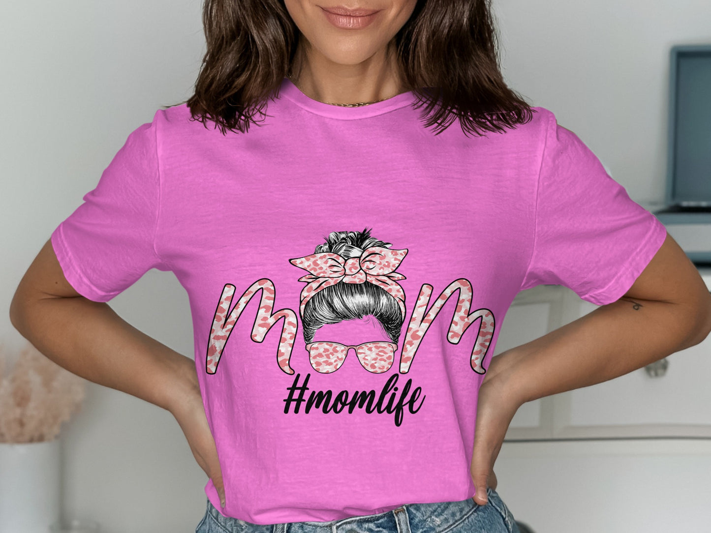Pink T-shirt with Momlife Hashtag and Bow Design