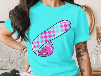 Vibrant Aqua Tee with Retro Pink and Violet Design