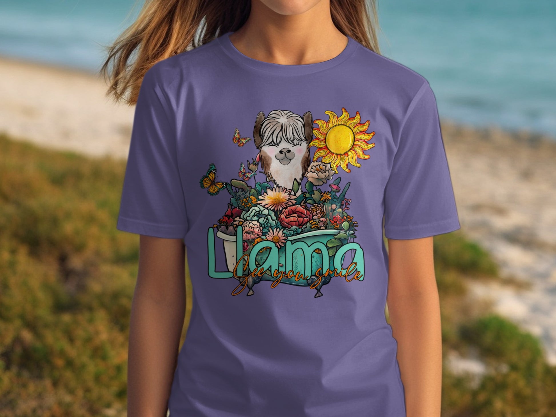 Llama Dog Graphic Tee with Sun and Flowers Design