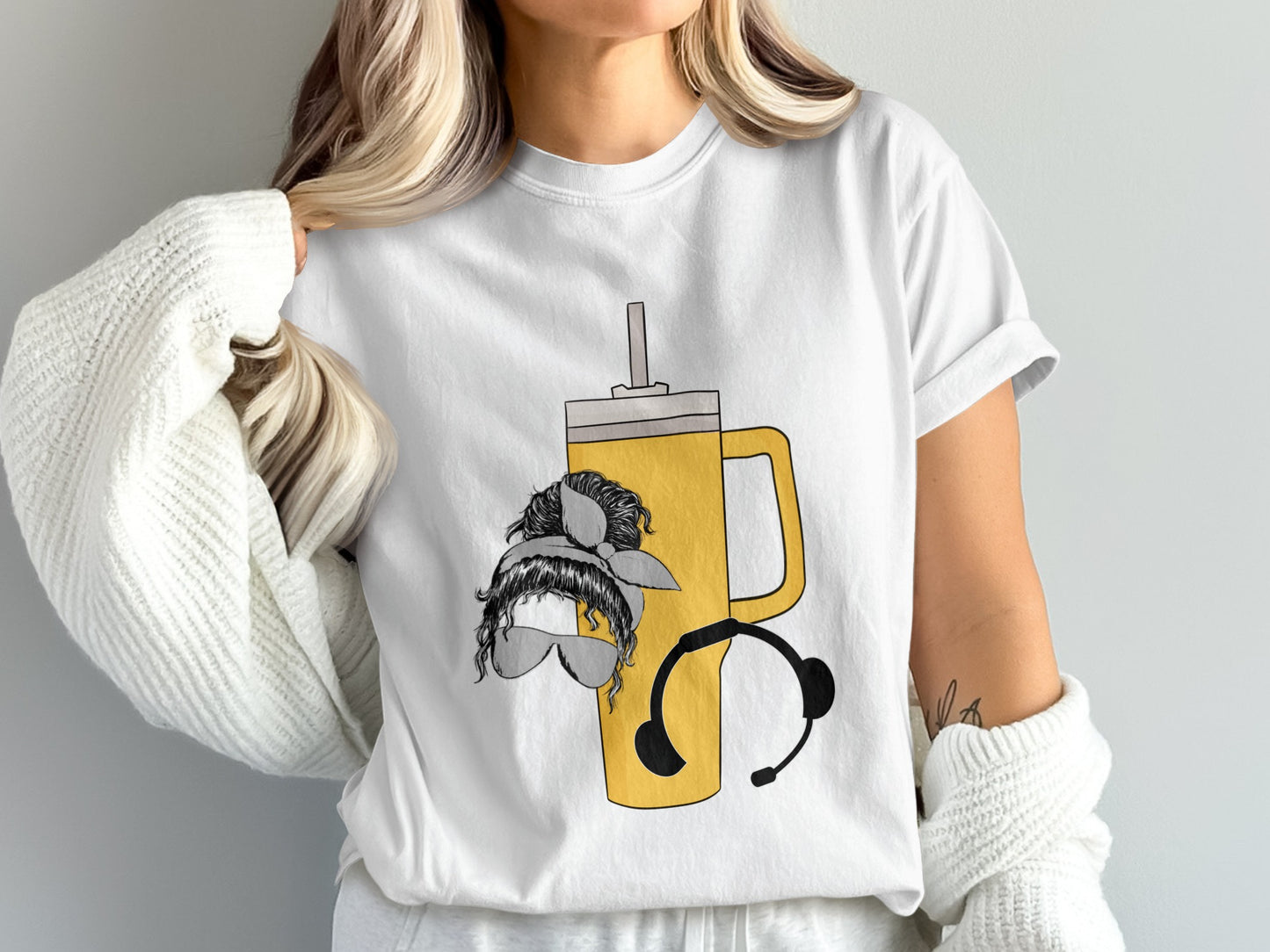 Quirky T-Shirt with Mug and Headset Print Design