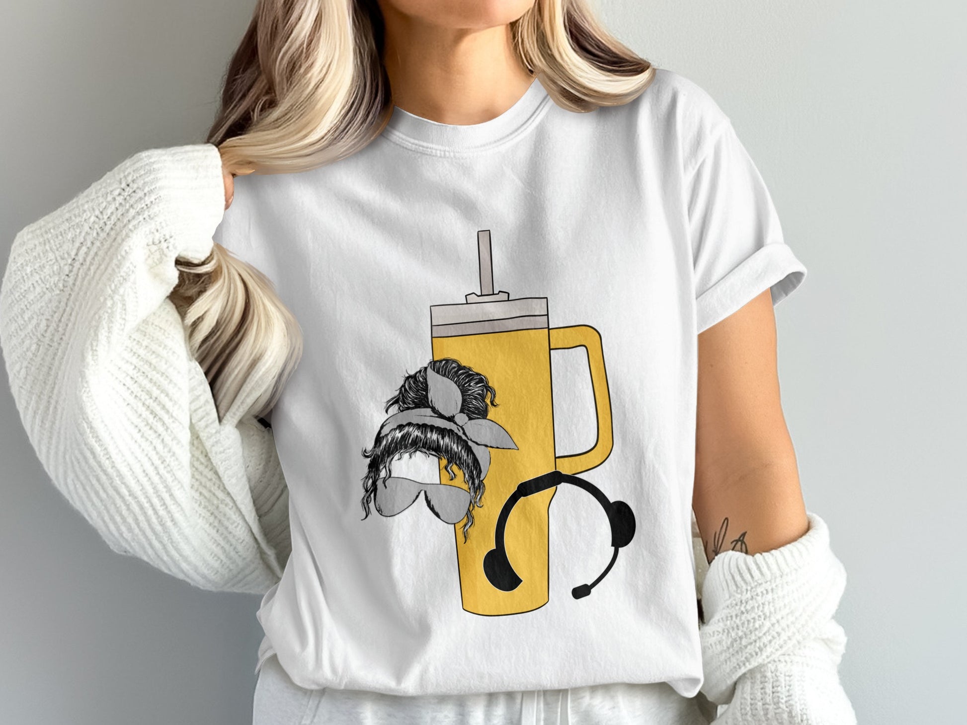 Quirky T-Shirt with Mug and Headset Print Design