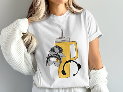 Quirky T-Shirt with Mug and Headset Print Design