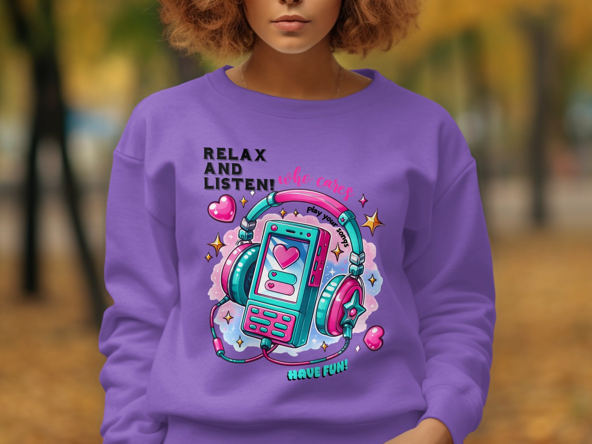 Relax and listen cassette design purple sweatshirt