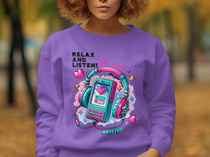 Relax and listen cassette design purple sweatshirt