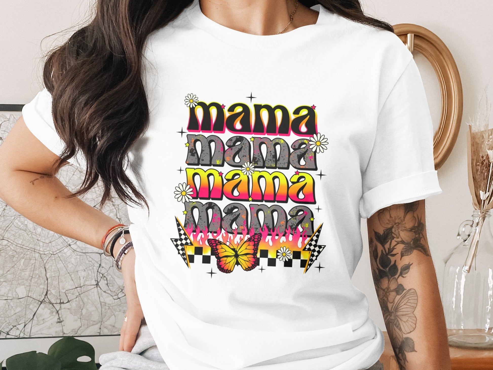 Mama Graphic Tee with Butterflies and Flowers Design