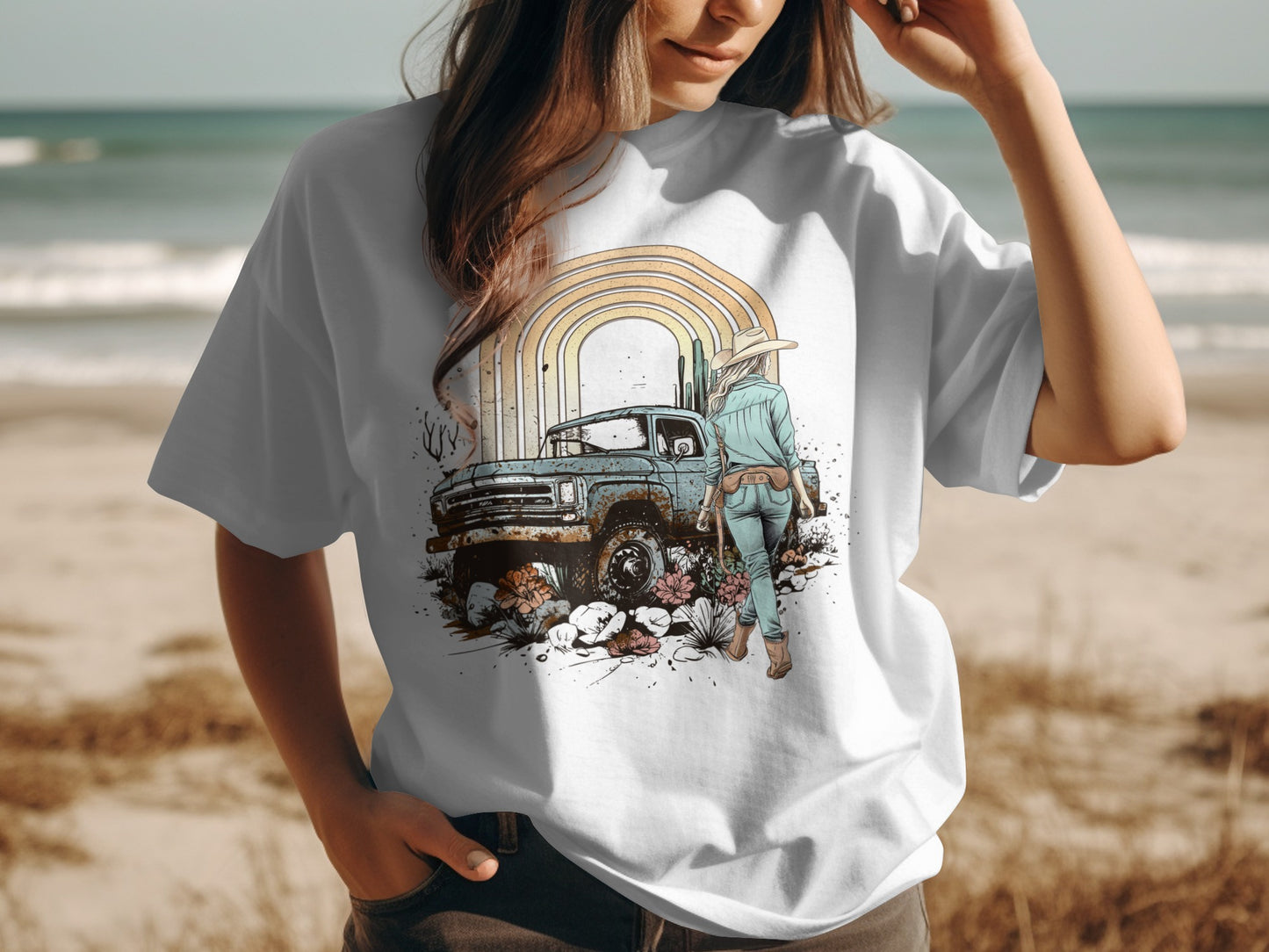 Retro Rainbow Cowgirl Truck Graphic Tee