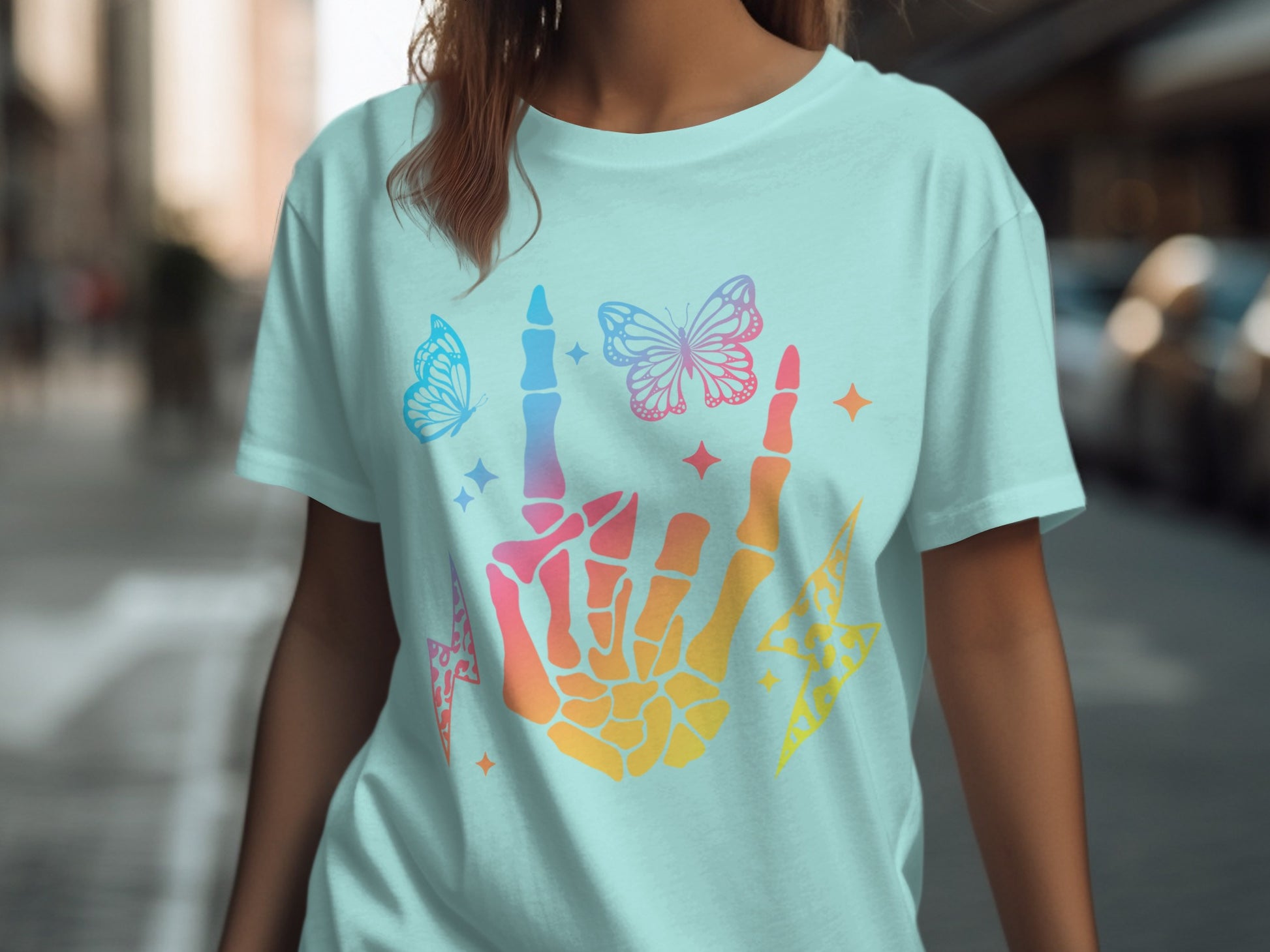 Colorful Skeleton Hand and Butterflies T-shirt