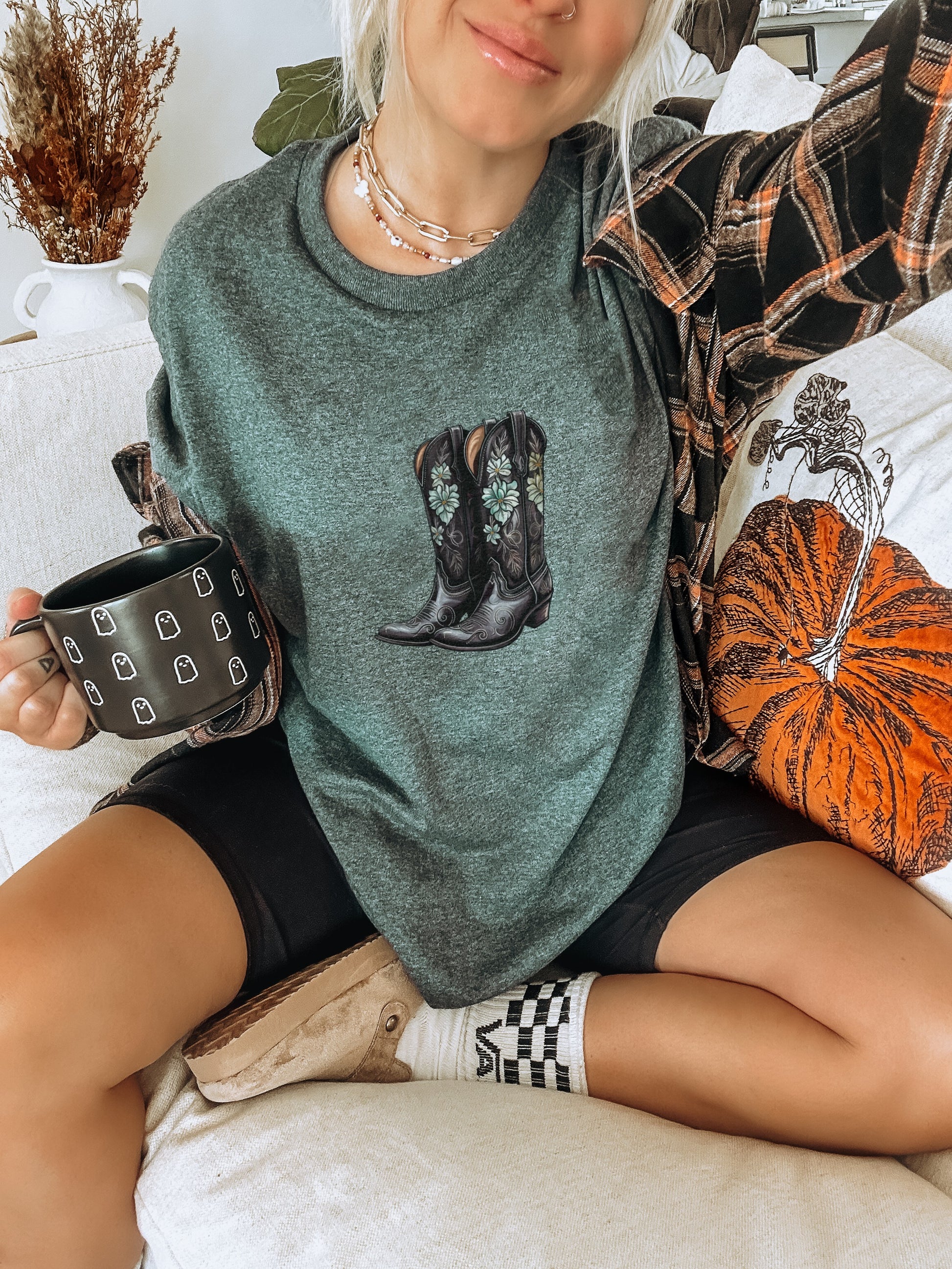 Graphic Tee with Boots and Pumpkin Design