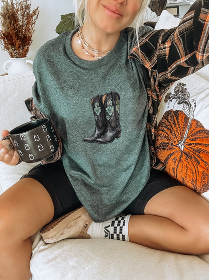 Graphic Tee with Boots and Pumpkin Design