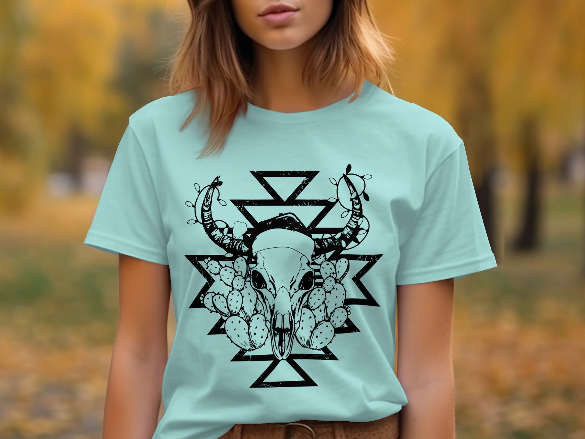 Boho Western Graphic Tee with Cactus and Skull Artwork