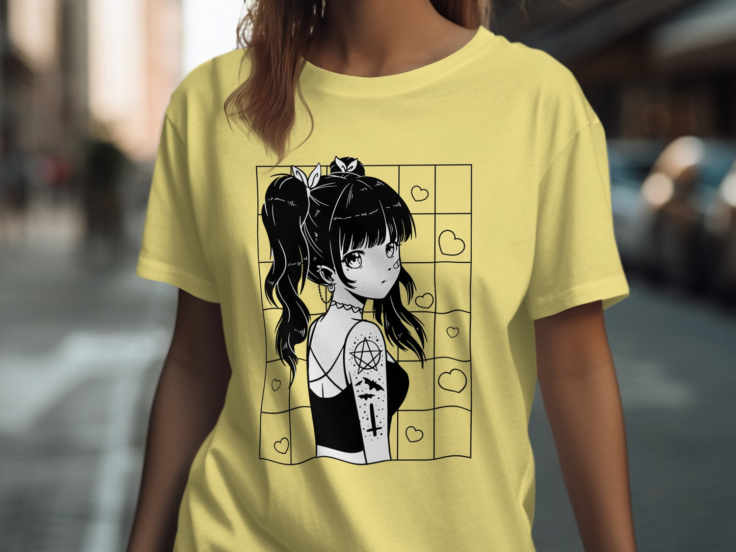 Cute Anime Girl Graphic Tee with Heart Design