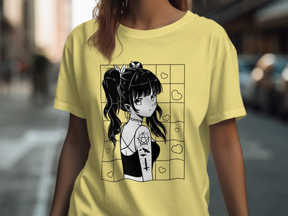 Cute Anime Girl Graphic Tee with Heart Design