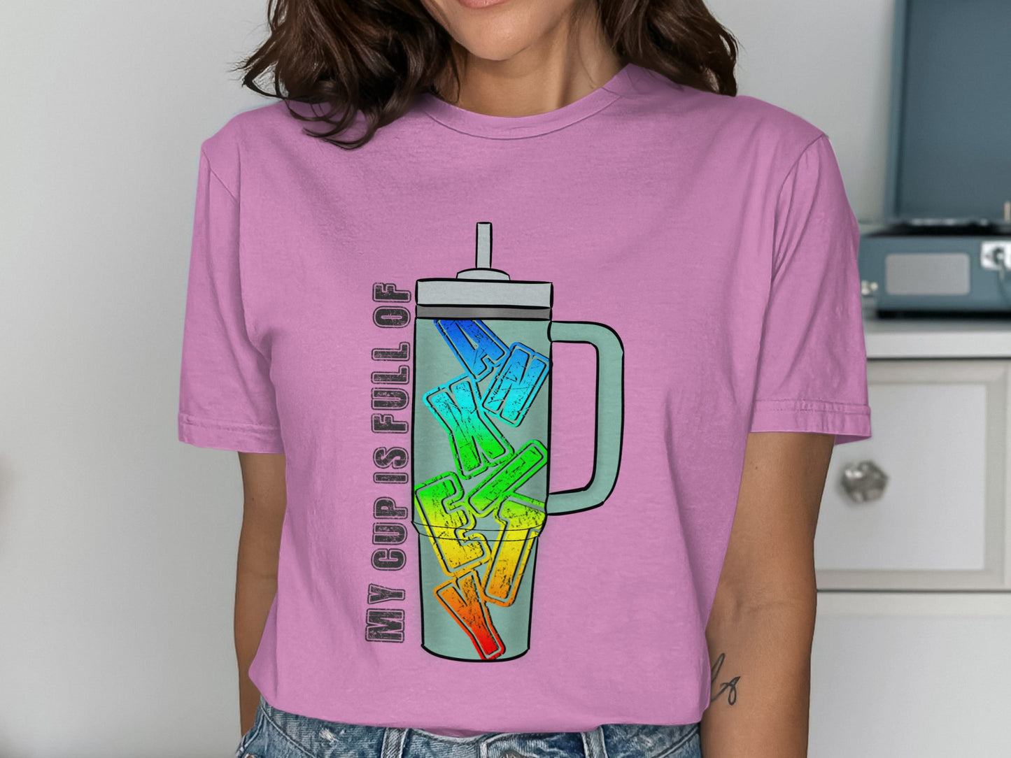 Rainbow Drink Graphic Print Casual T-Shirt for Coffee Lovers