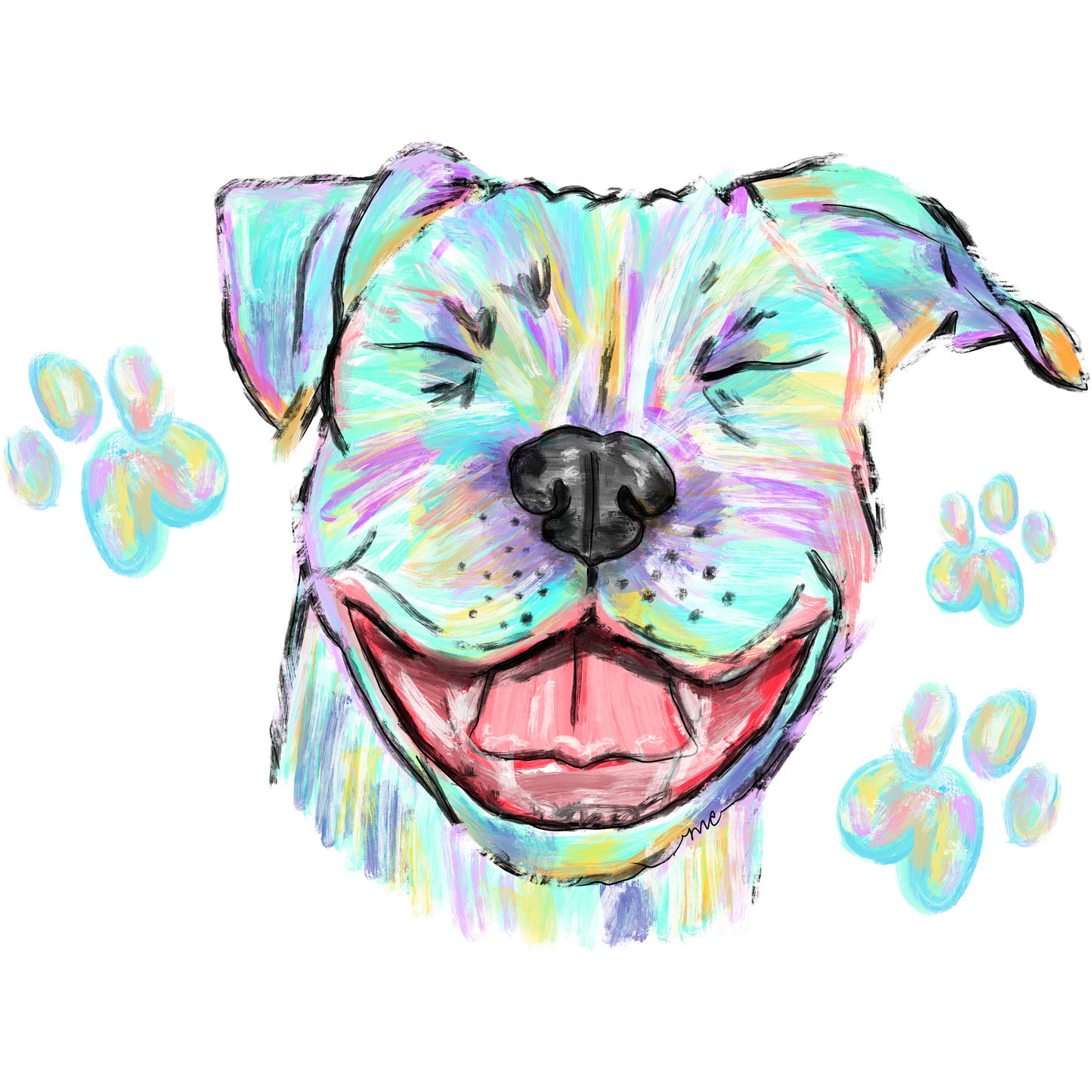 Colorful Vibrant Smiling Dog with Paw Prints Artwork