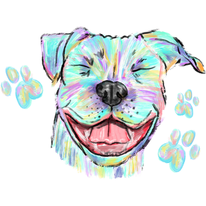 Colorful Vibrant Smiling Dog with Paw Prints Artwork