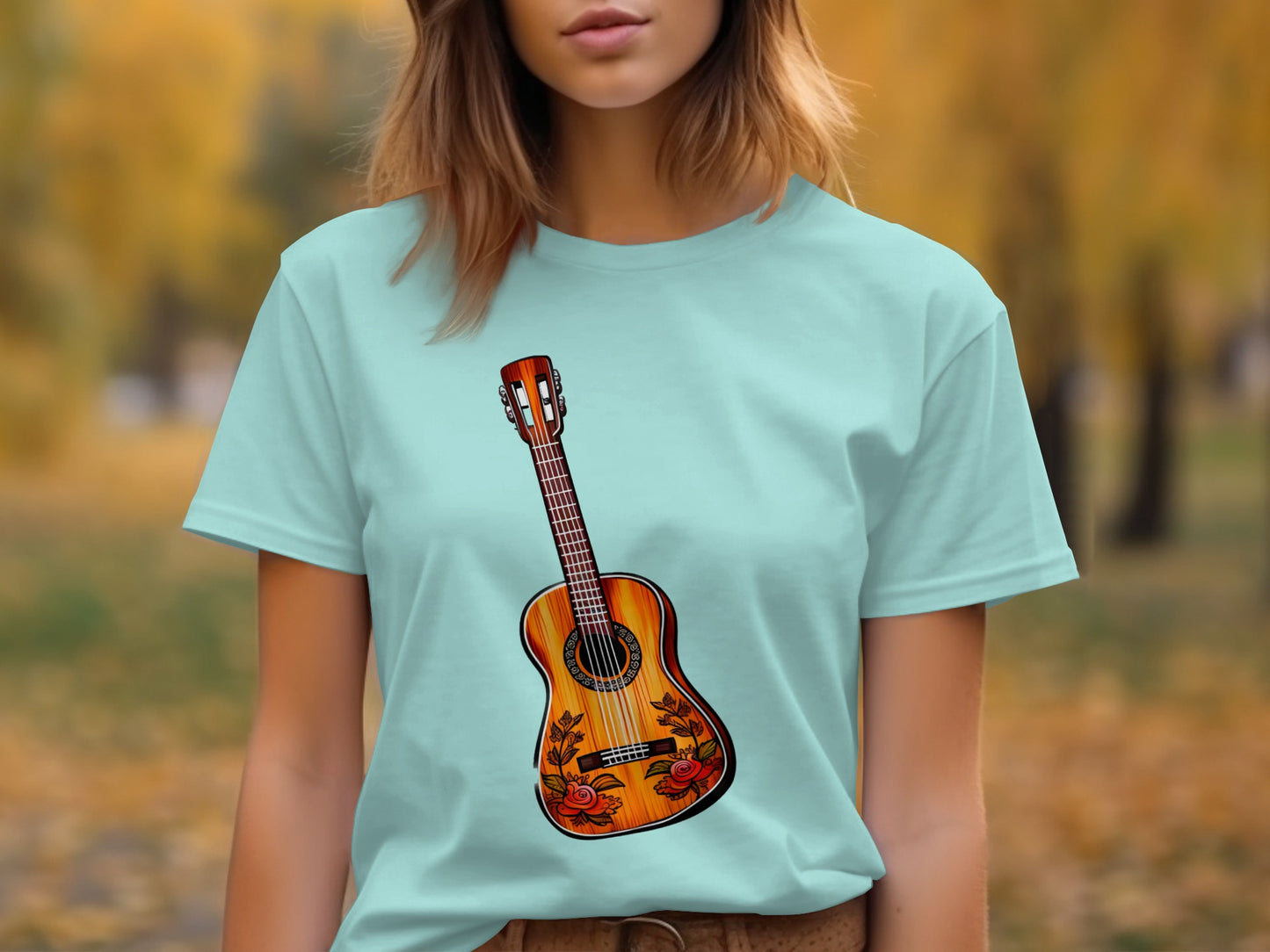 Artistic Floral Acoustic Guitar Graphic T-shirt