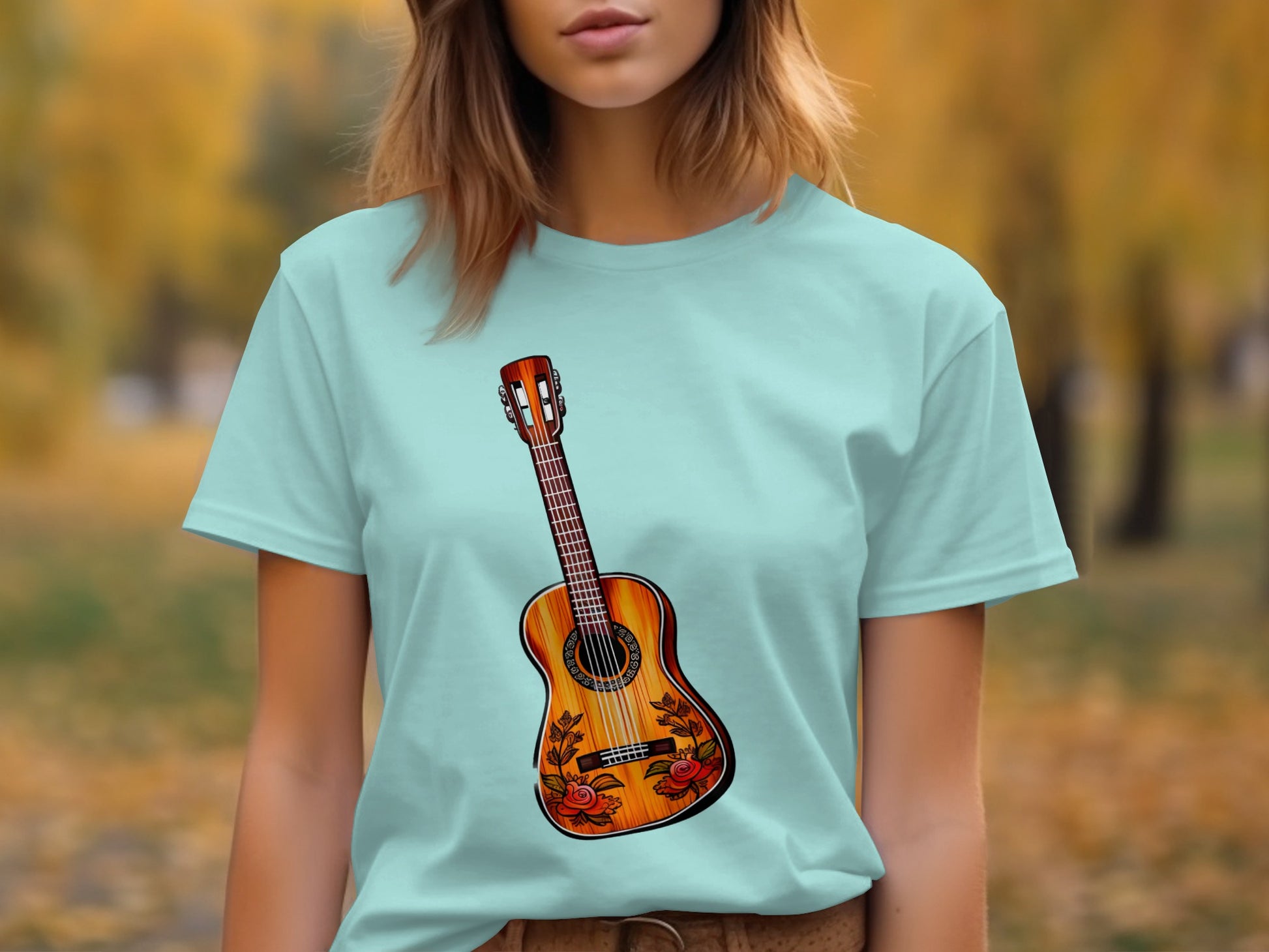 Artistic Floral Acoustic Guitar Graphic T-shirt