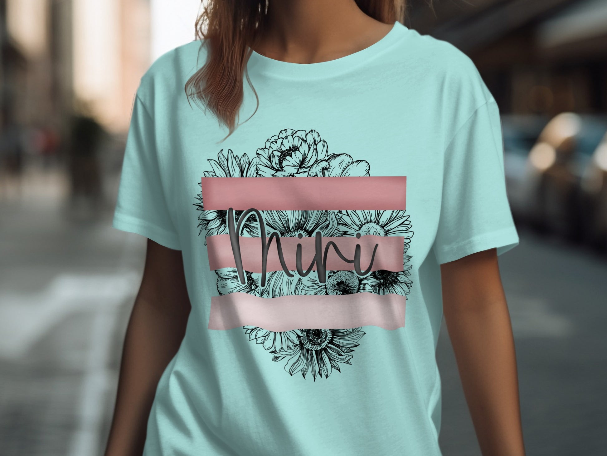 Chic Mint Green Tee with Floral and Stripe Design