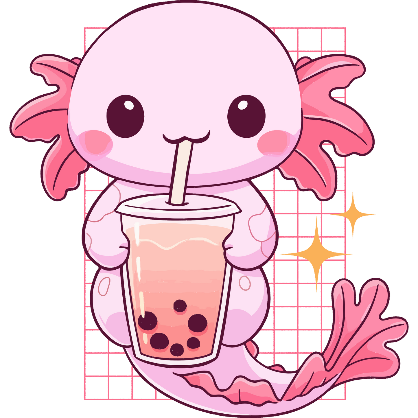Cute Axolotl Holding Bubble Tea Illustration Sticker