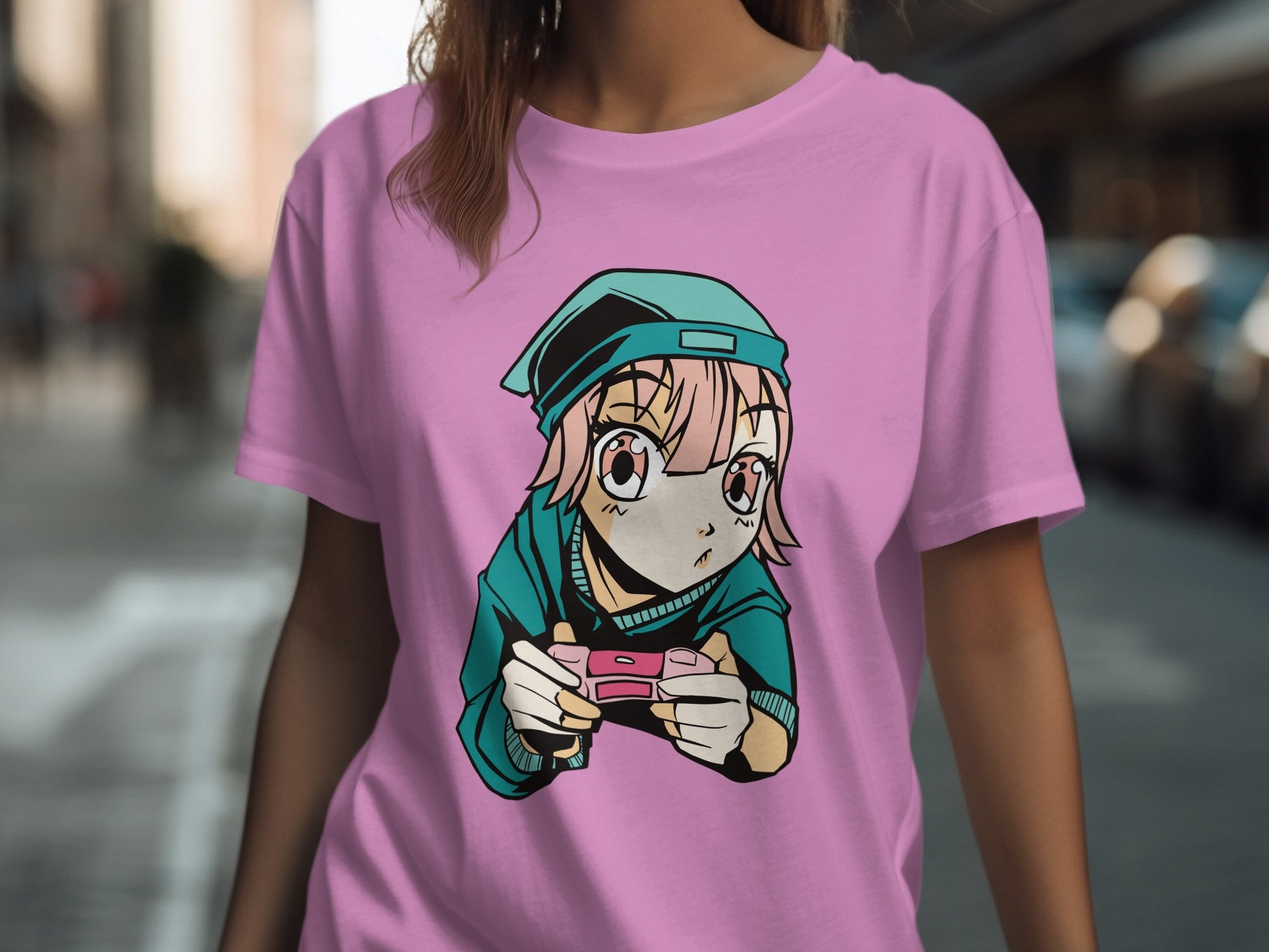 Anime Gamer Girl Artwork Design on Pink T-Shirt