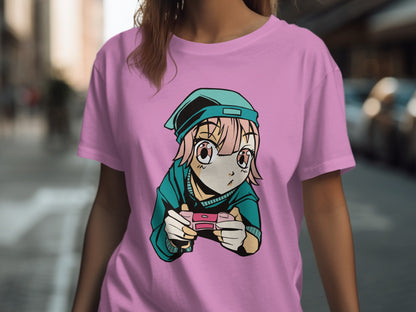 Anime Gamer Girl Artwork Design on Pink T-Shirt