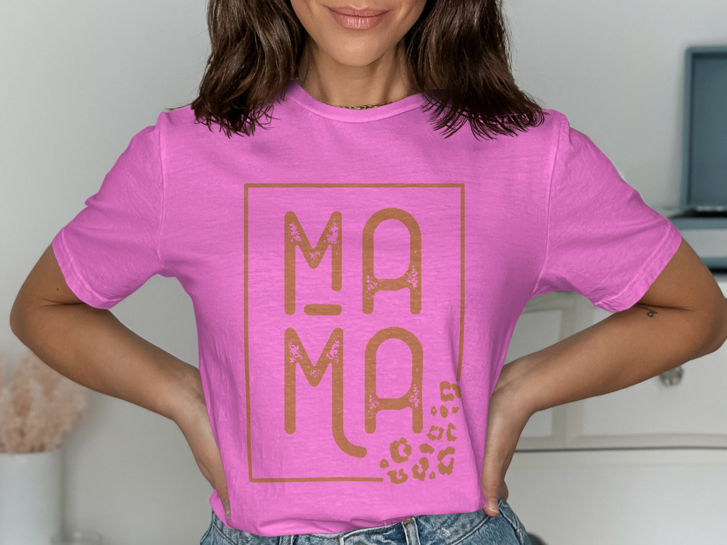 Stylish Pink Tee With Bold MAMA Leopard Print