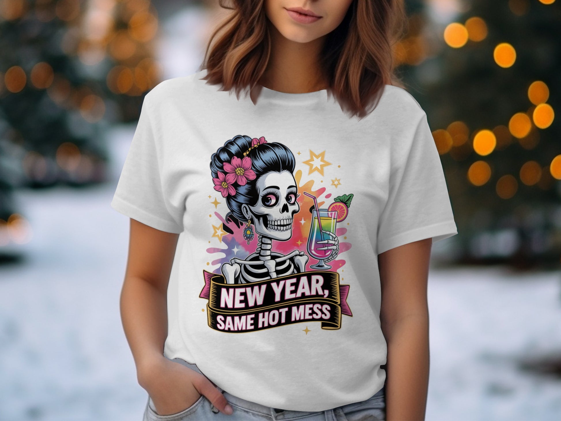 New Year Same Hot Mess Fun Skeleton Graphic Tee