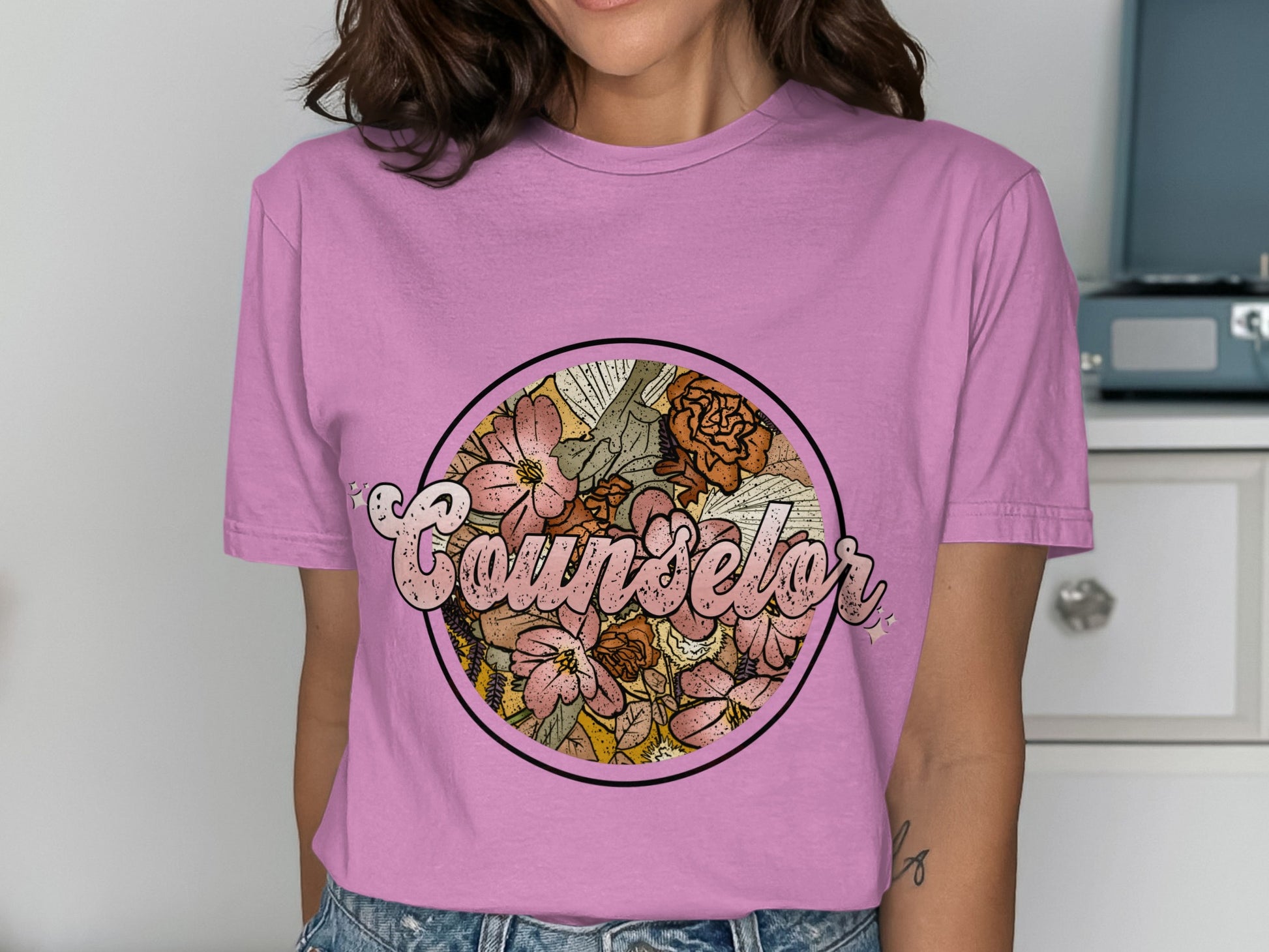 Counselor Floral Graphic Pink T-Shirt Product