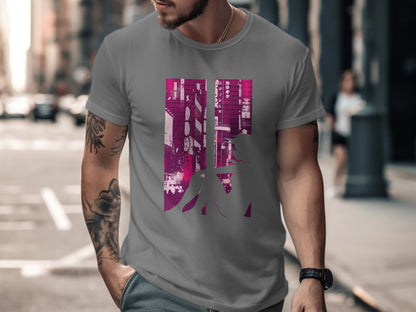 Stylish City Skyline Artwork on Gray T-Shirt