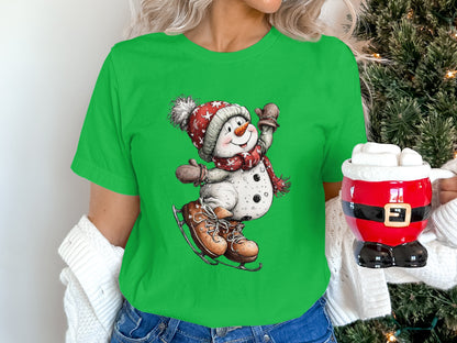 Christmas Cheerful Snowman Ice Skating Graphic Shirt