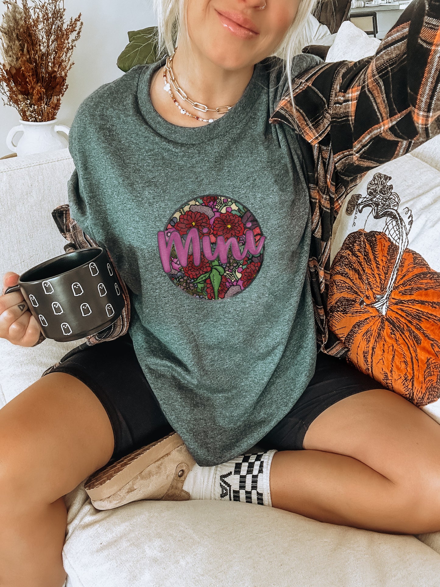 Cute Floral Mini Shirt with Fall Pumpkin Design Shirt