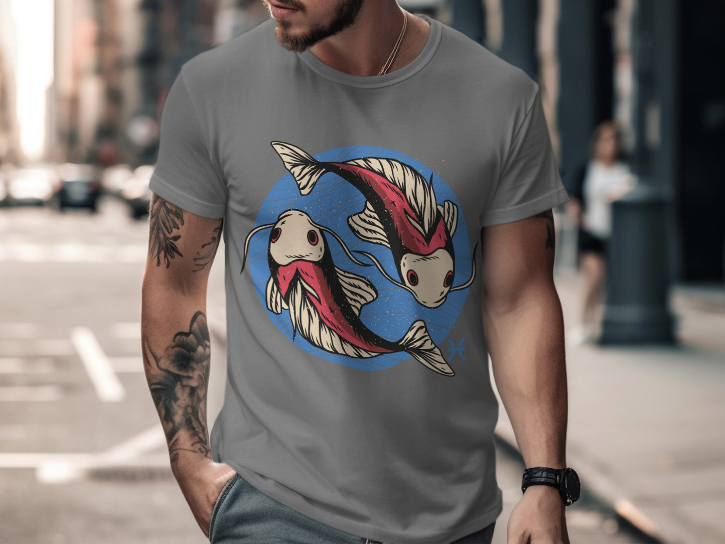 Unique Twin Fish Design Grey Short Sleeve T-Shirt Product
