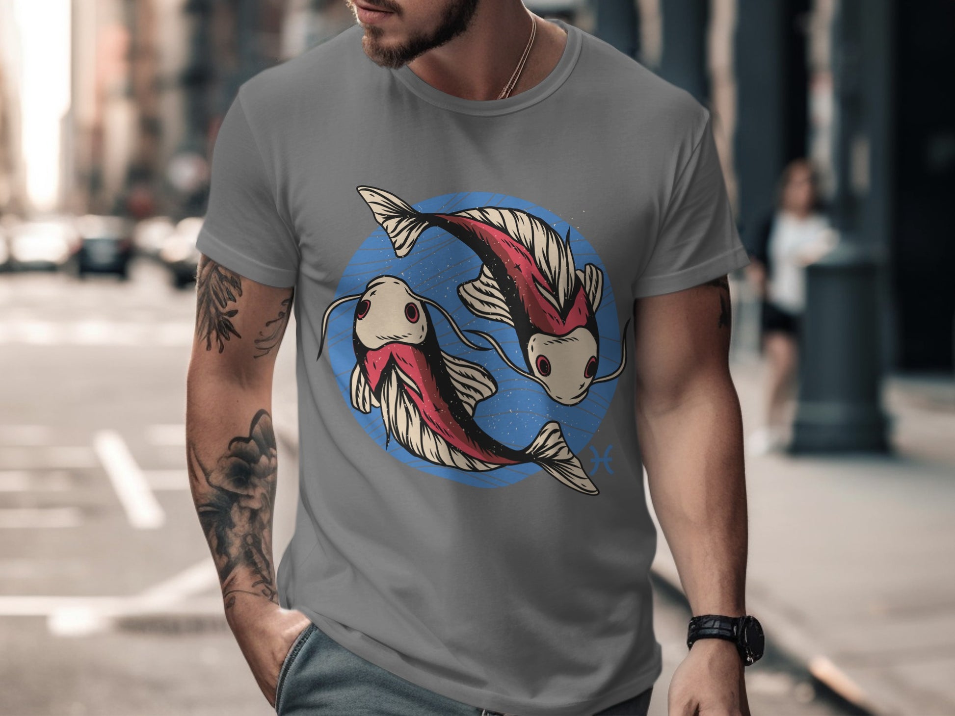 Unique Twin Fish Design Grey Short Sleeve T-Shirt Product
