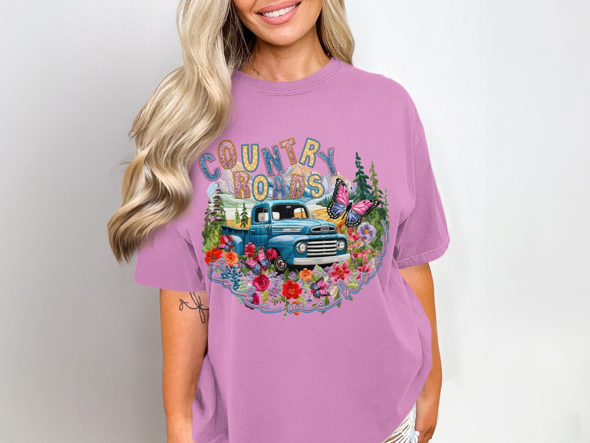 Country Roads Graphic Tee with Retro Truck Design