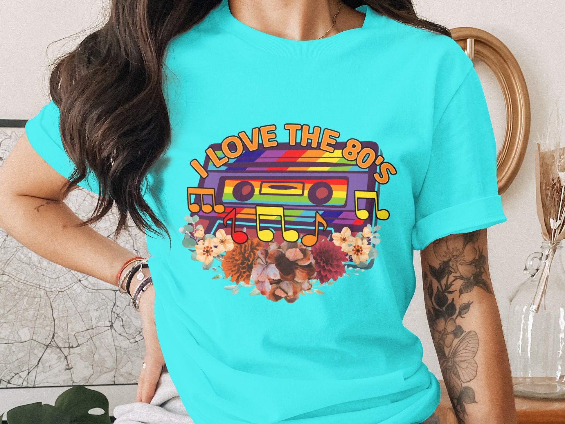 I Love The 80's Floral Cassette Music Graphic Tee