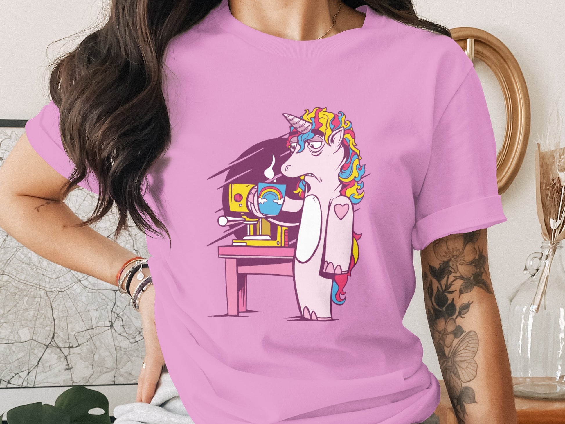 Colorful Unicorn Working on a Sewing Machine T-shirt