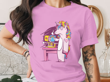 Colorful Unicorn Working on a Sewing Machine T-shirt