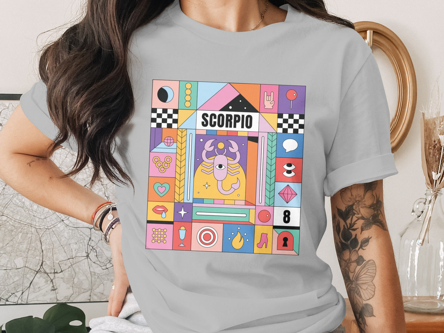 Scorpio Zodiac Illustrated Shirt with Colorful Icons