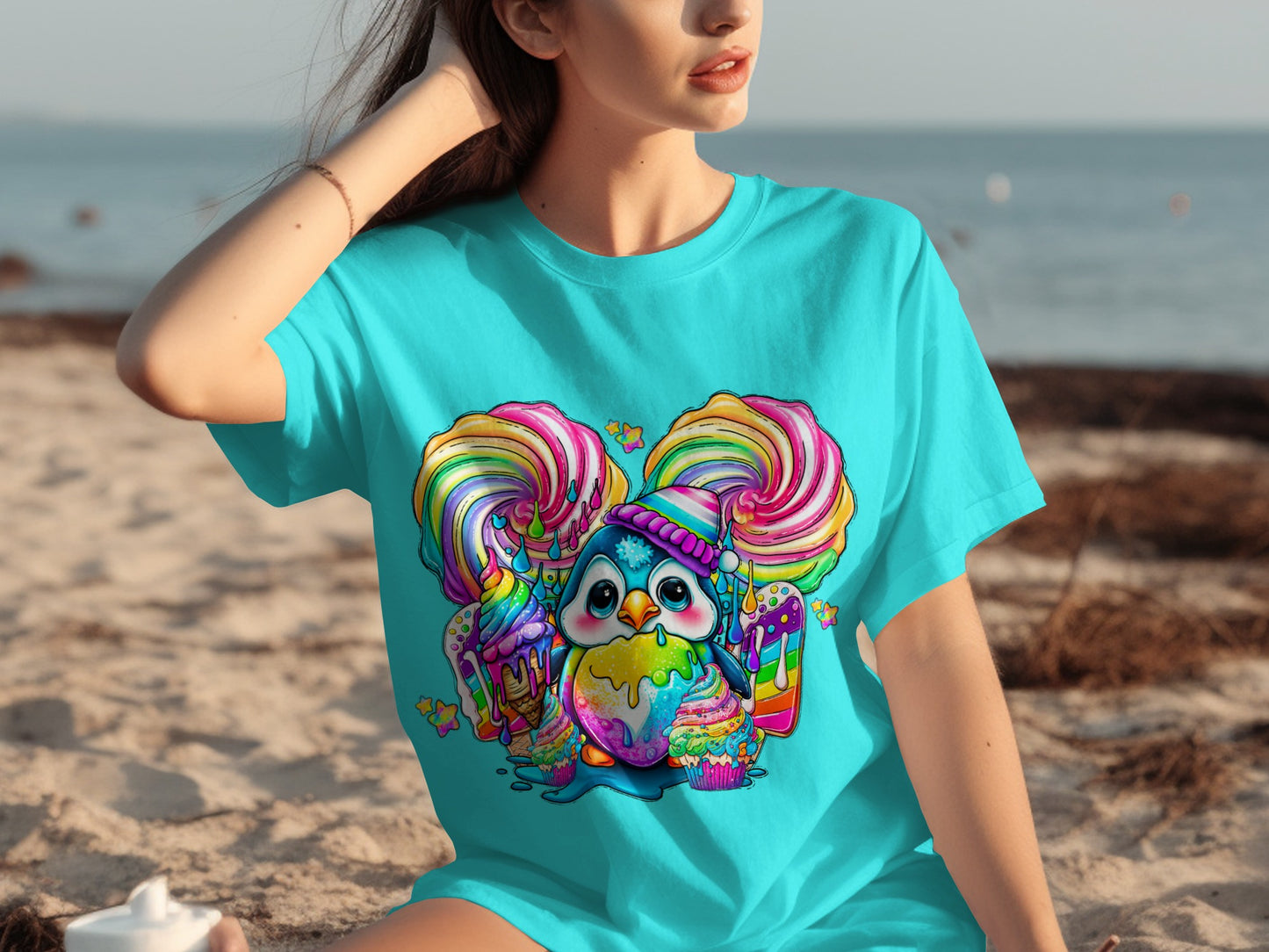 Cute Colorful Penguin and Ice Cream Graphic Tee