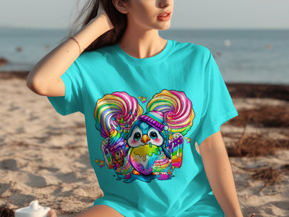 Cute Colorful Penguin and Ice Cream Graphic Tee