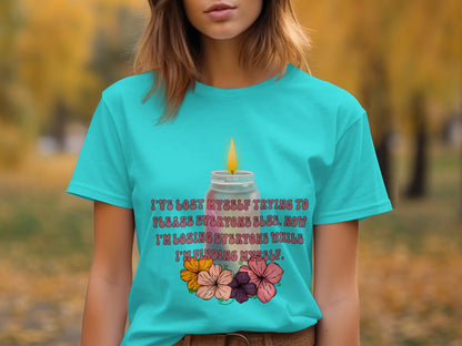 Inspirational Quote T-shirt with Candle and Floral Design