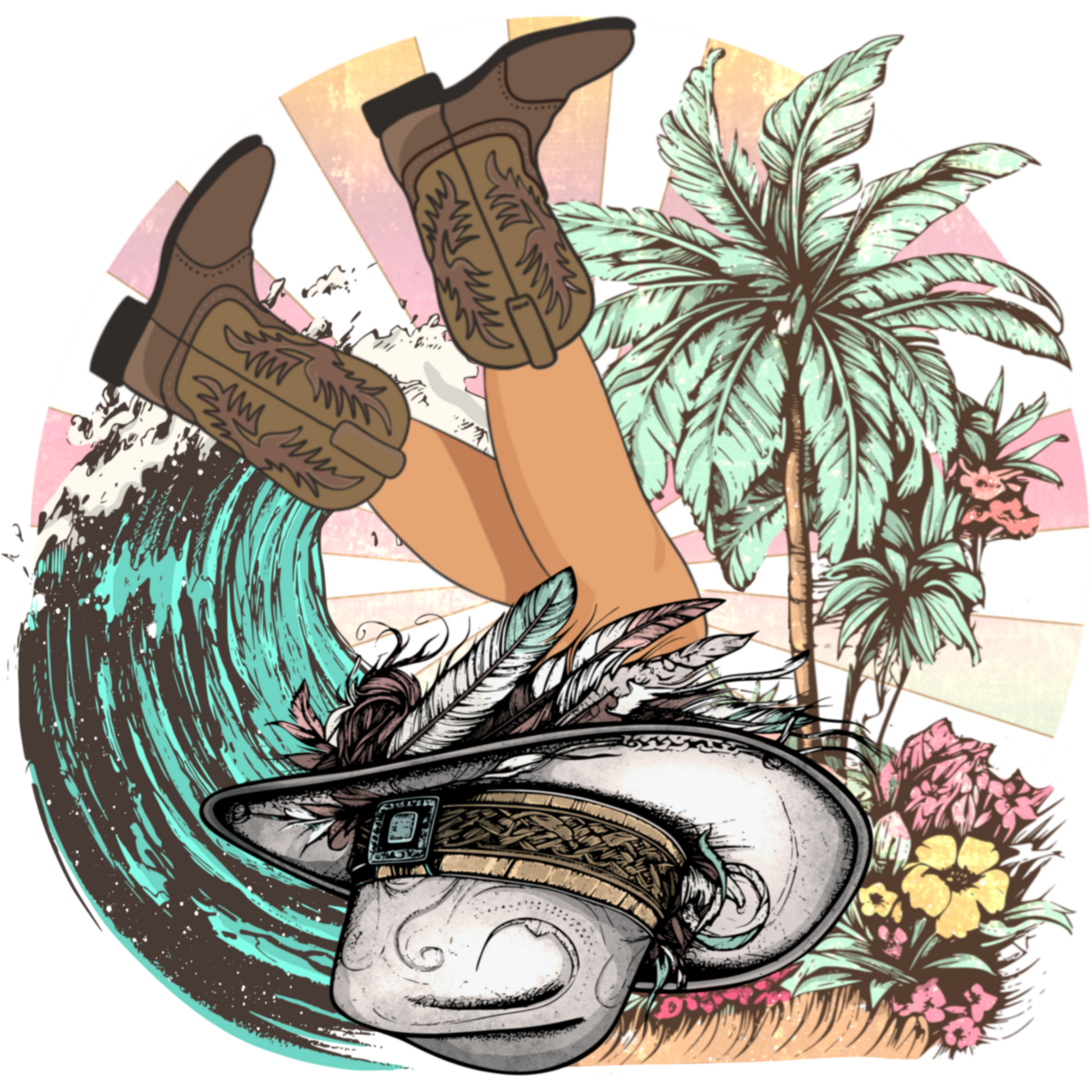 Stylish Cowboy Boots and Hat with Tropical Design