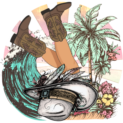 Stylish Cowboy Boots and Hat with Tropical Design