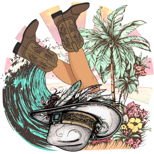 Stylish Cowboy Boots and Hat with Tropical Design