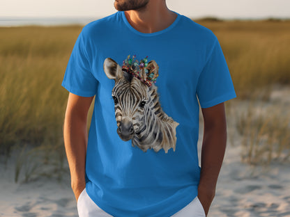 Blue T-shirt with Zebra Graphic Featuring Floral Headpiece