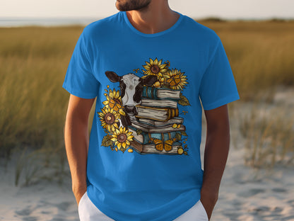 Vibrant Cow With Sunflowers And Books Graphic T-Shirt