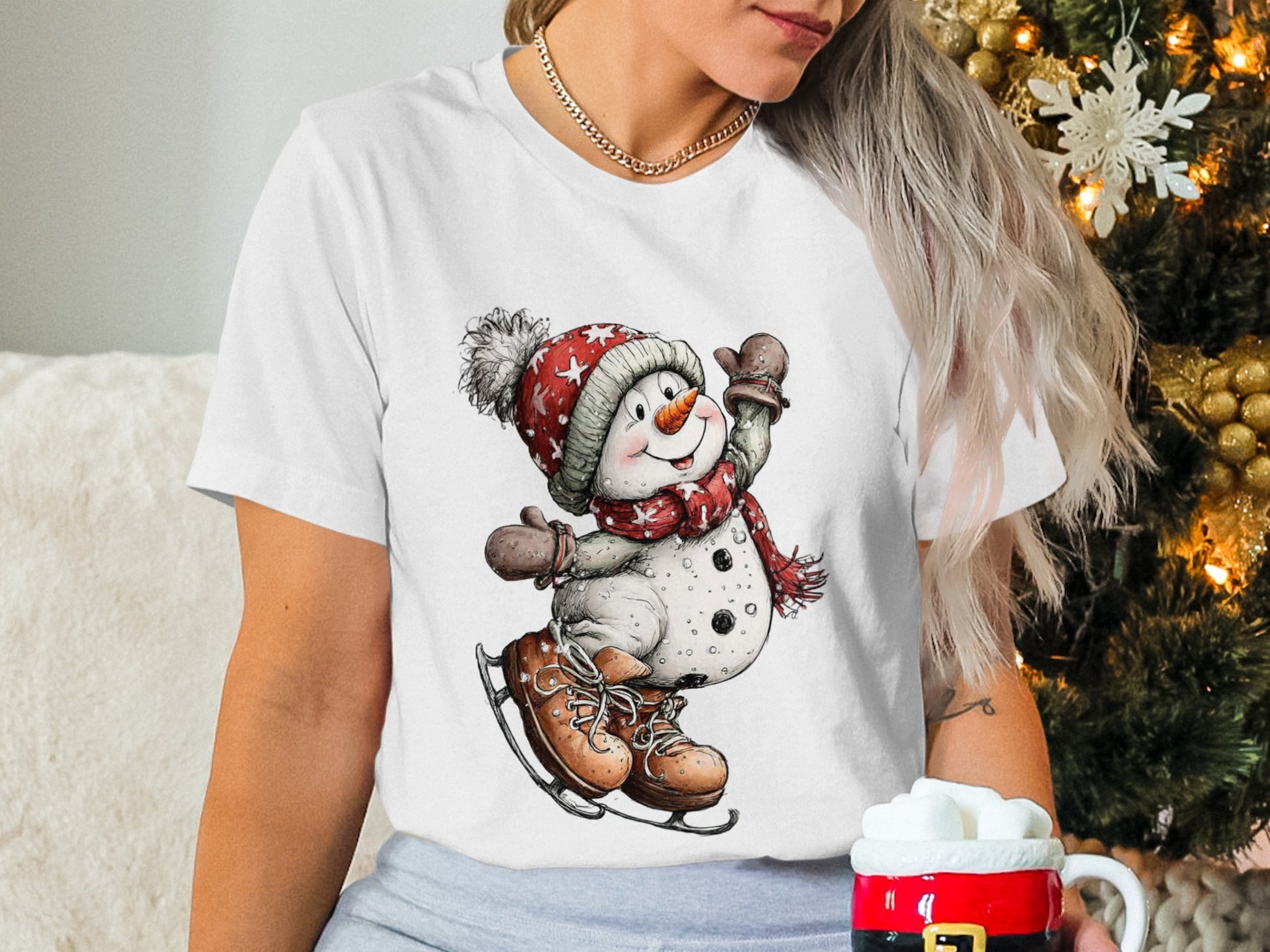 Festive Snowman with Skates Holiday T-shirt